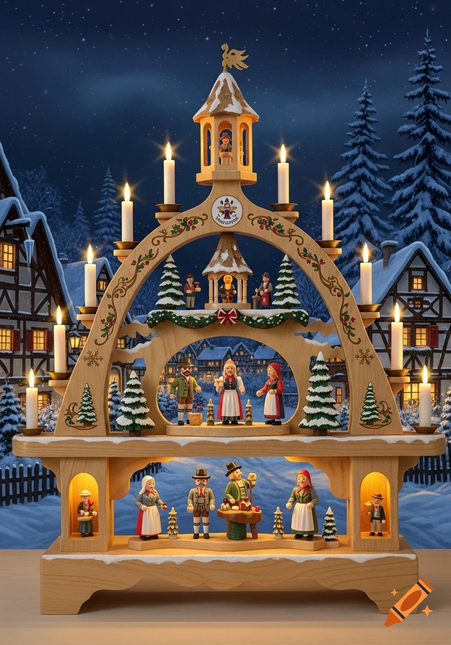 A multi-tiered wooden German Christmas pyramid with lit candles, carved figures, and evergreen trees, set in a snowy village at night.