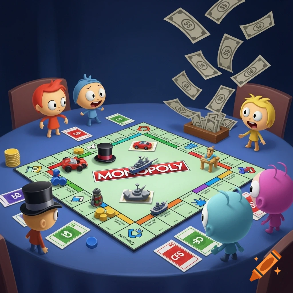 Cartoon characters play Monopoly on a blue table with money flying around. The board features recognizable game pieces and properties.