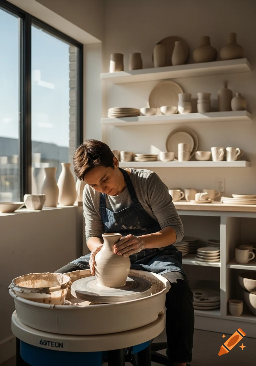 A person shapes a clay vase on a pottery wheel in a sunlit workshop filled with ceramic items on shelves.