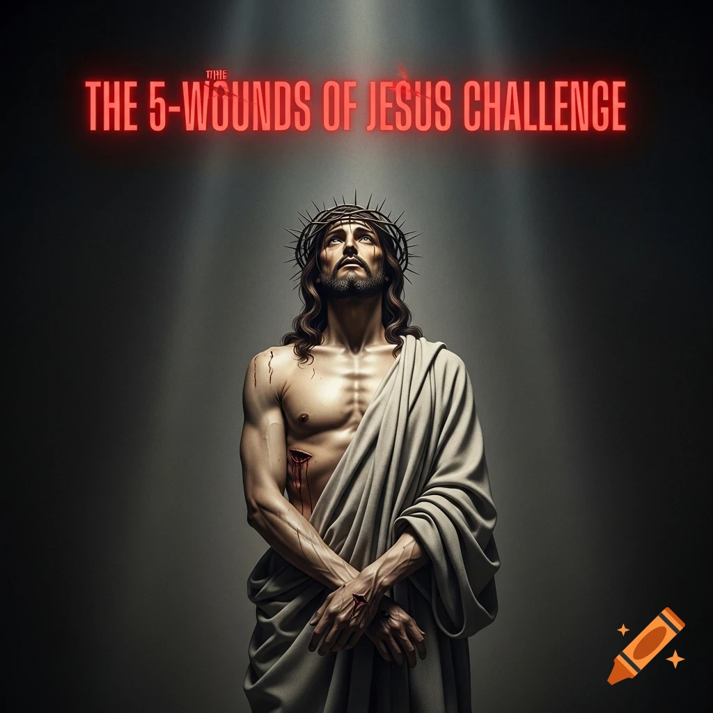 A solemn depiction of Jesus, crowned with thorns and displaying his five wounds, looks upwards as glowing red text above reads "THE 5-WOUNDS OF JESUS CHALLENGE."