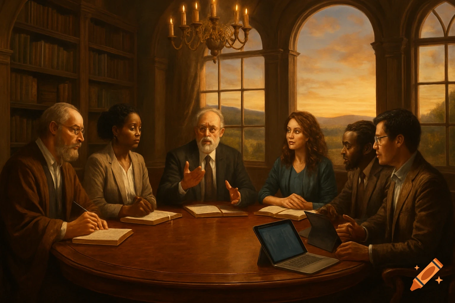 A diverse group of six adults sitting around a round table, discussing. Bookshelves are in the background and a sunset is visible through large windows in this painterly scene.