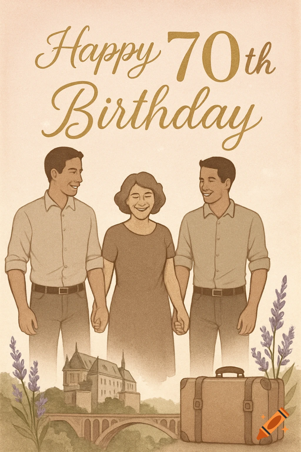 Vintage-style illustration of a mother holding hands with her two sons, with "Happy 70th Birthday" text, a castle, bridge, and suitcase.