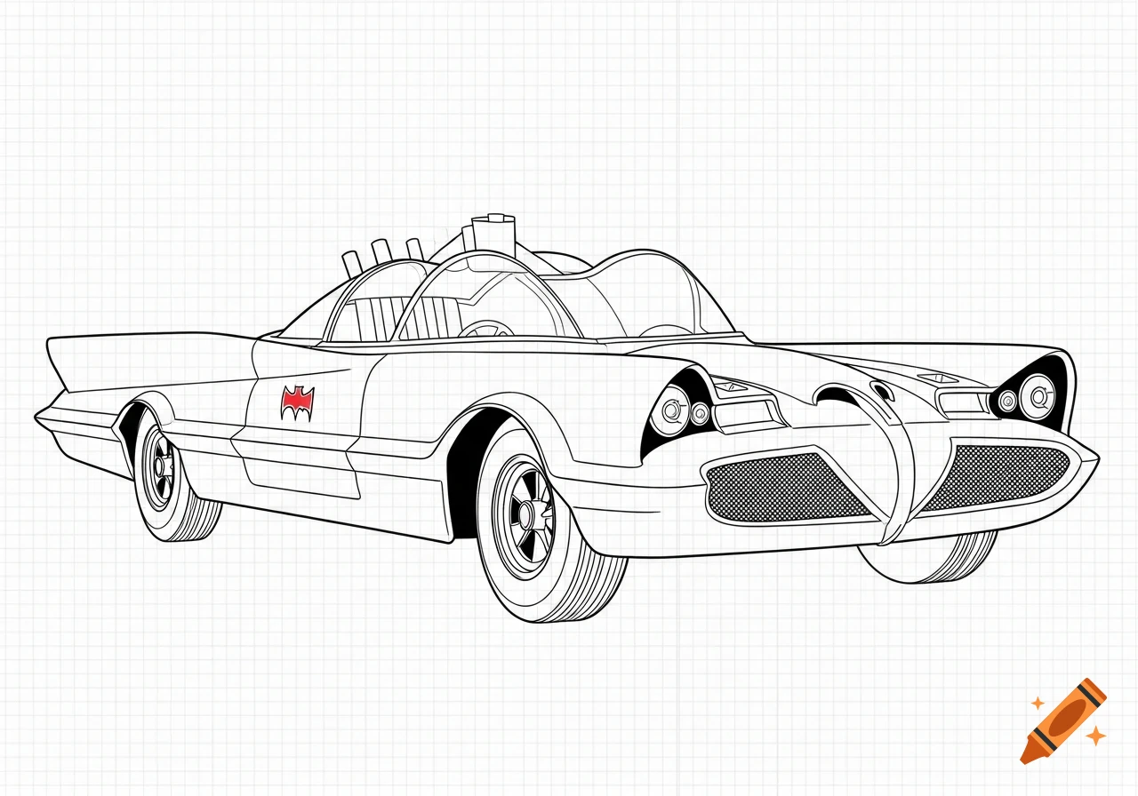 Outline drawing of the 1966 Batmobile with a red Batman logo on a grid background.