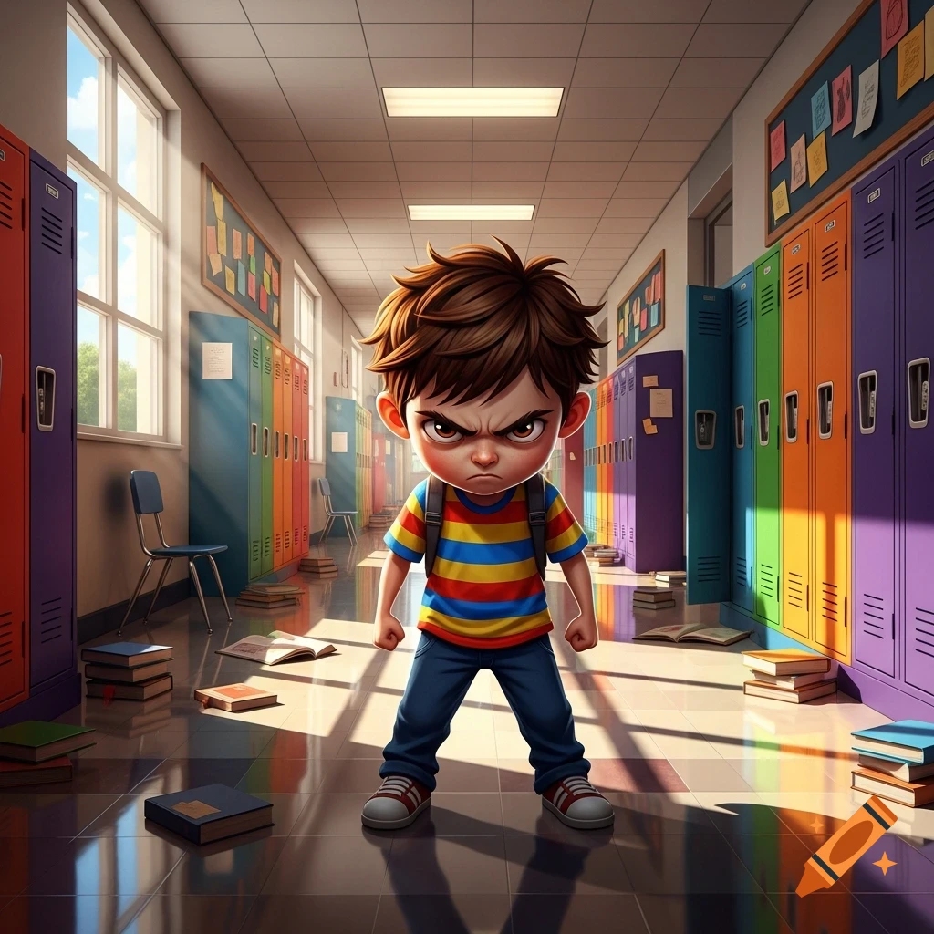A cartoon-style angry boy with spiky brown hair, wearing a striped shirt and jeans, stands defiantly in a school hallway with colorful lockers and scattered books.