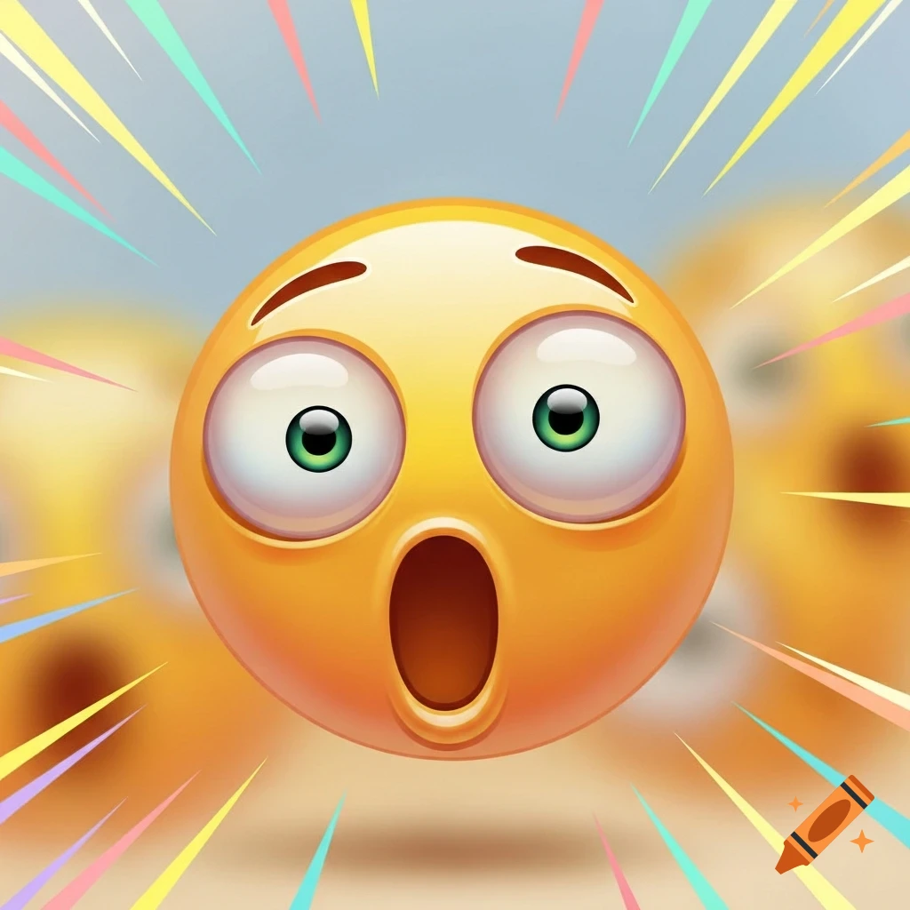 A shocked yellow emoji with wide green eyes and an open mouth, surrounded by colorful radial lines.
