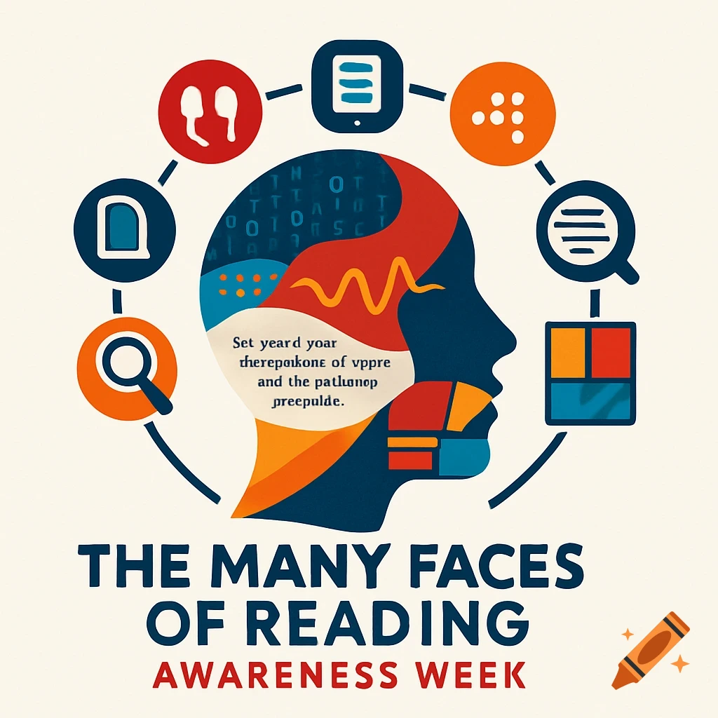A colorful logo for "The Many Faces of Reading Awareness Week." It features a stylized profile of a head with abstract patterns, surrounded by icons representing different forms of reading.