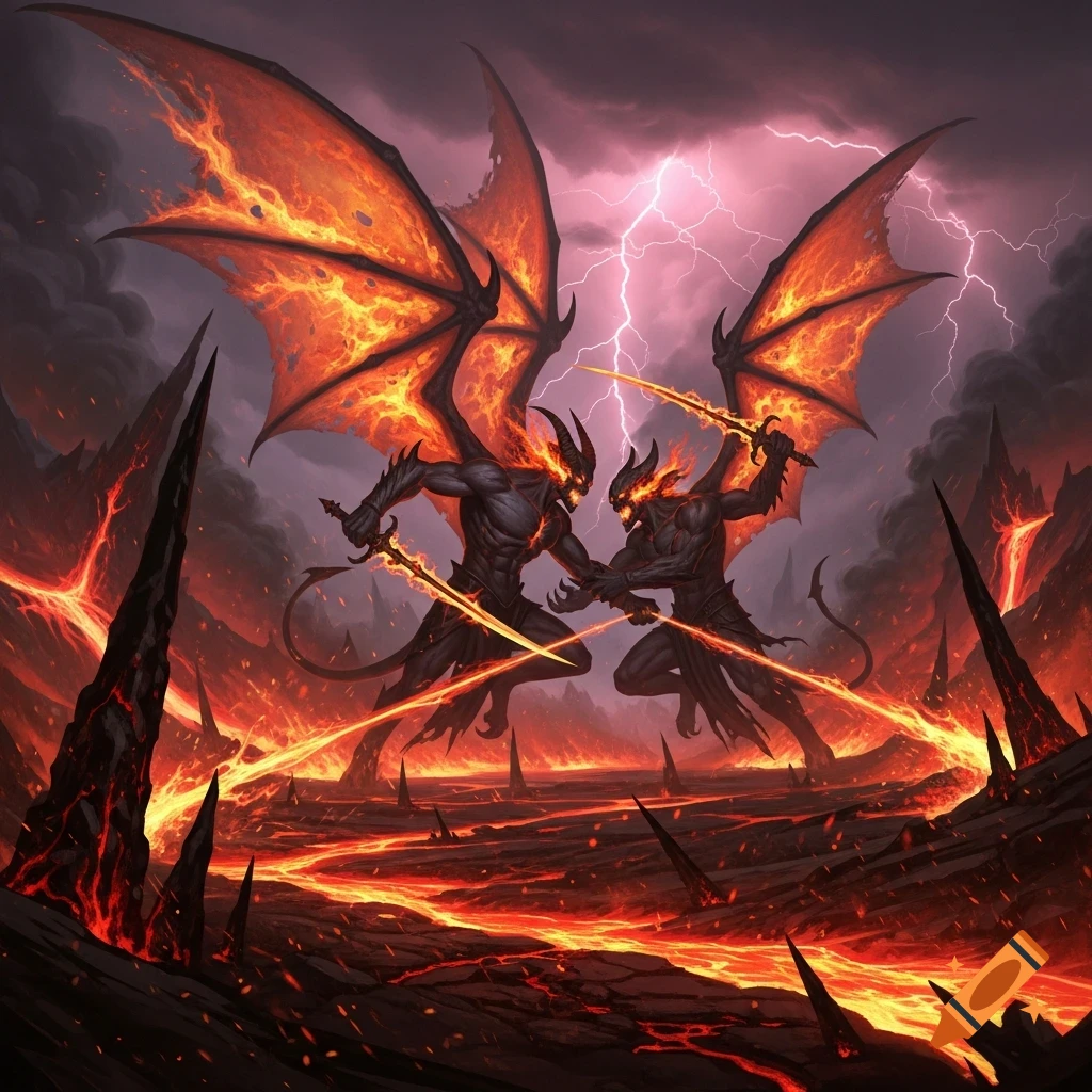 Two winged demons with glowing eyes clash with swords in a fiery, lava-filled landscape under a stormy sky with lightning.