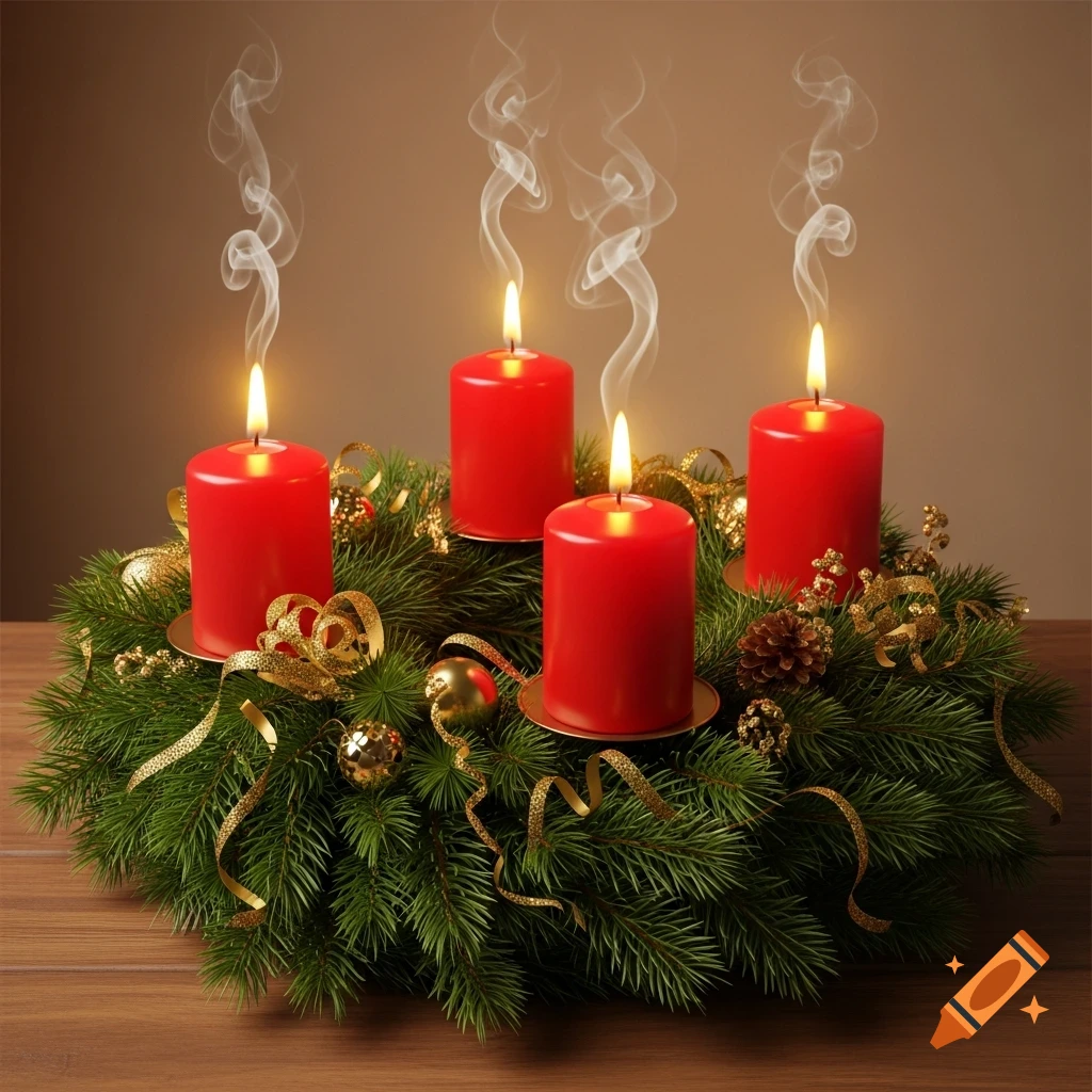 An Advent wreath with four lit red candles, green pine needles, and gold ribbons and ornaments, on a wooden surface.