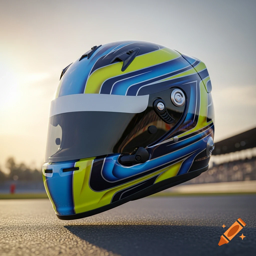 Photorealistic go-karting helmet in blue and yellow with a dark visor, on an asphalt track at sunset.