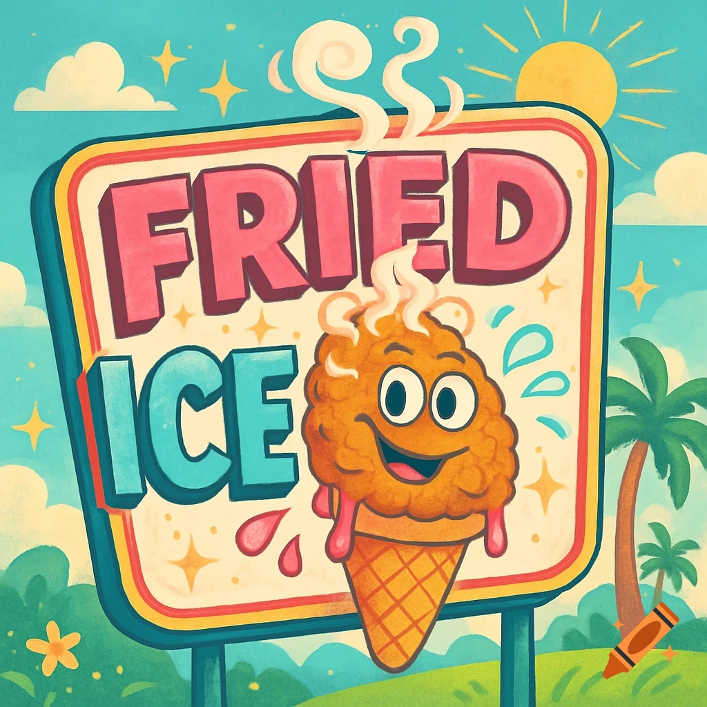 Cartoony ad sign for 'Fried Ice' with a smiling, melting ice cream cone character against a tropical background.