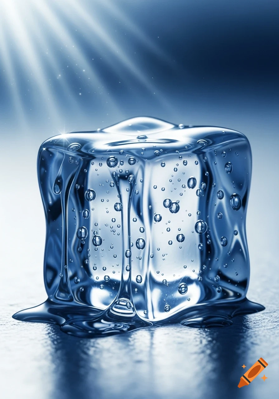 A translucent melting ice cube with internal bubbles and light rays in a cool blue environment.