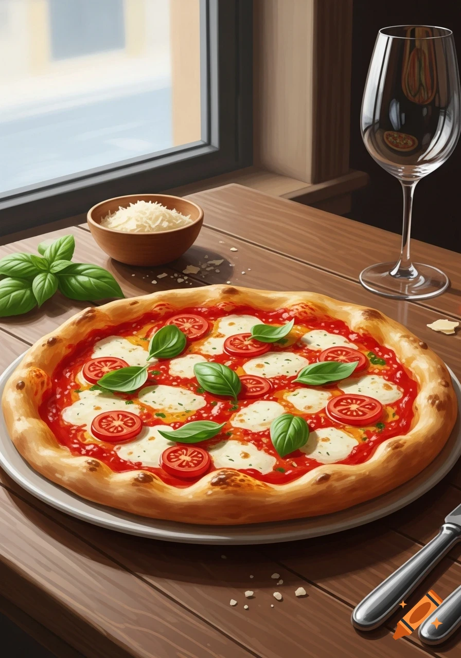 A close-up shot of a delicious pizza Margherita with fresh basil and cherry tomatoes on a wooden table next to a wine glass.