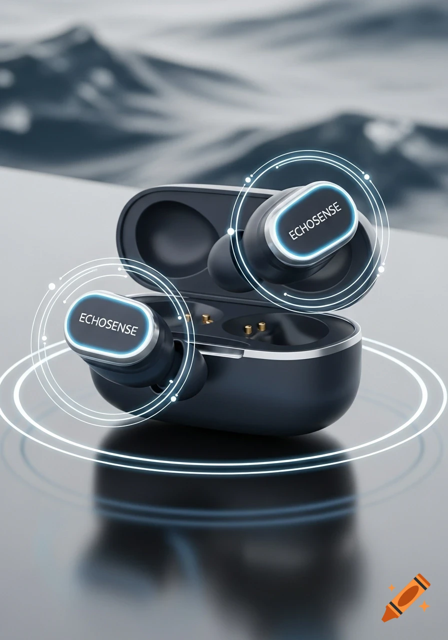 Close-up of dark blue wireless earbuds with ECHOSENSE branding, sitting in their open charging case, with glowing lines.