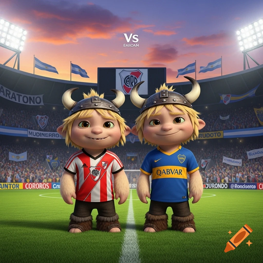 Two cartoon characters resembling Ruffnut and Tuffnut from How to Train Your Dragon, wearing River Plate and Boca Juniors soccer jerseys, stand on a football field in a stadium at sunset.