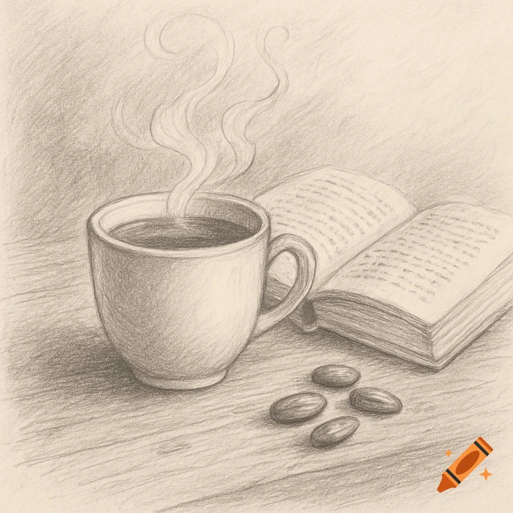 Pencil sketch of a steaming cup of coffee or hot chocolate next to an open book and four almonds on a wooden table.