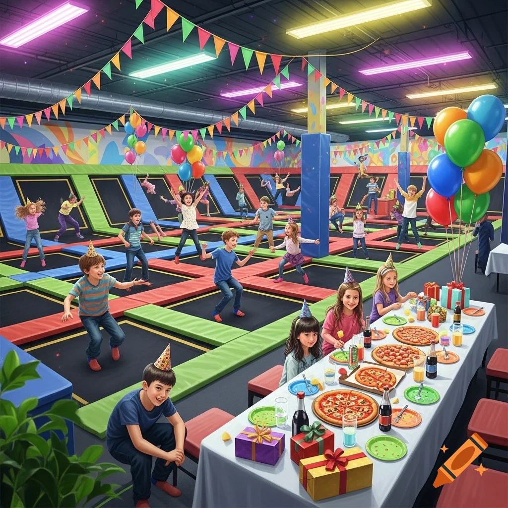 A vibrant children's birthday party in a trampoline park with kids jumping and others enjoying pizza at a table with presents.