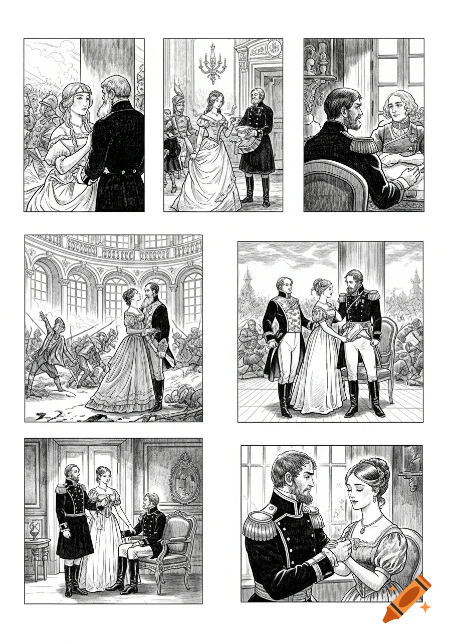 A series of black and white comic panels depicting men and women in 19th-century attire, engaging in formal events and dramatic scenes.