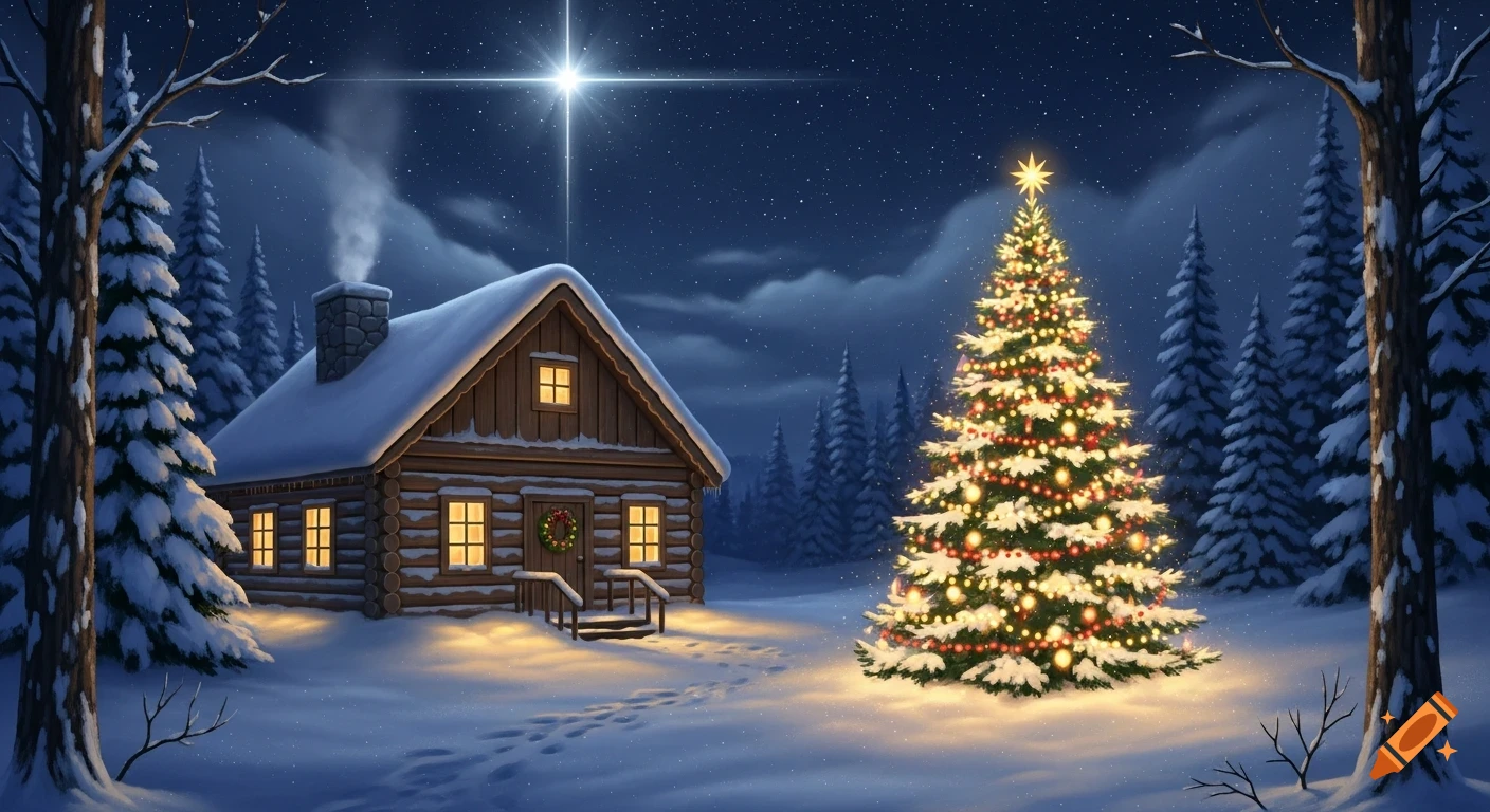 A charming log cabin and a festive Christmas tree in a snowy winter forest at night, under a sky with a bright star.
