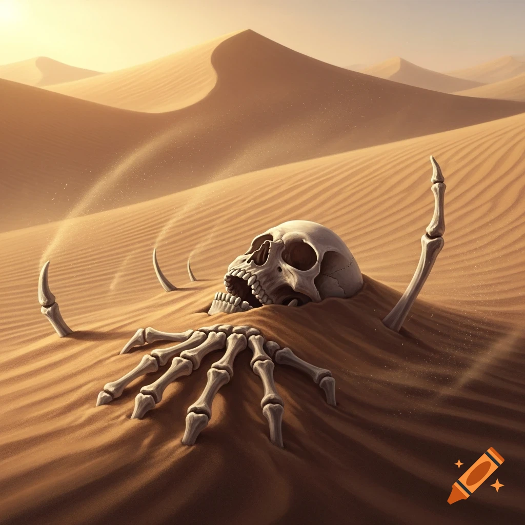 A human skull and skeletal hand emerge from the rippled sand of a desert dune landscape at sunset.