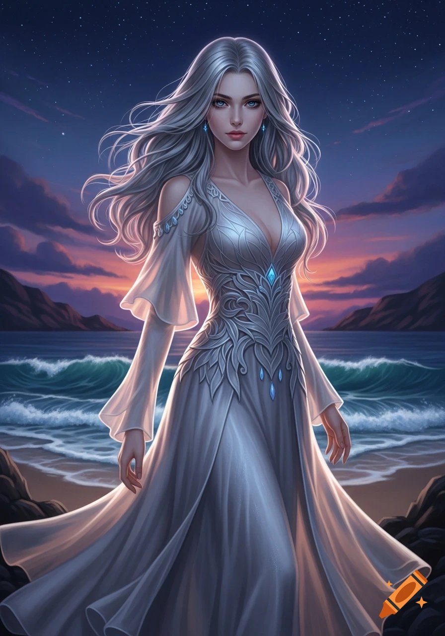A beautiful fantasy woman with flowing silver hair and a white dress stands on a beach at sunset by the ocean.