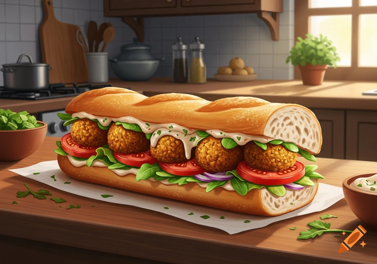 A long falafel sandwich in a baguette with lettuce, tomatoes, red onions, and sauce, resting on parchment paper on a kitchen counter.