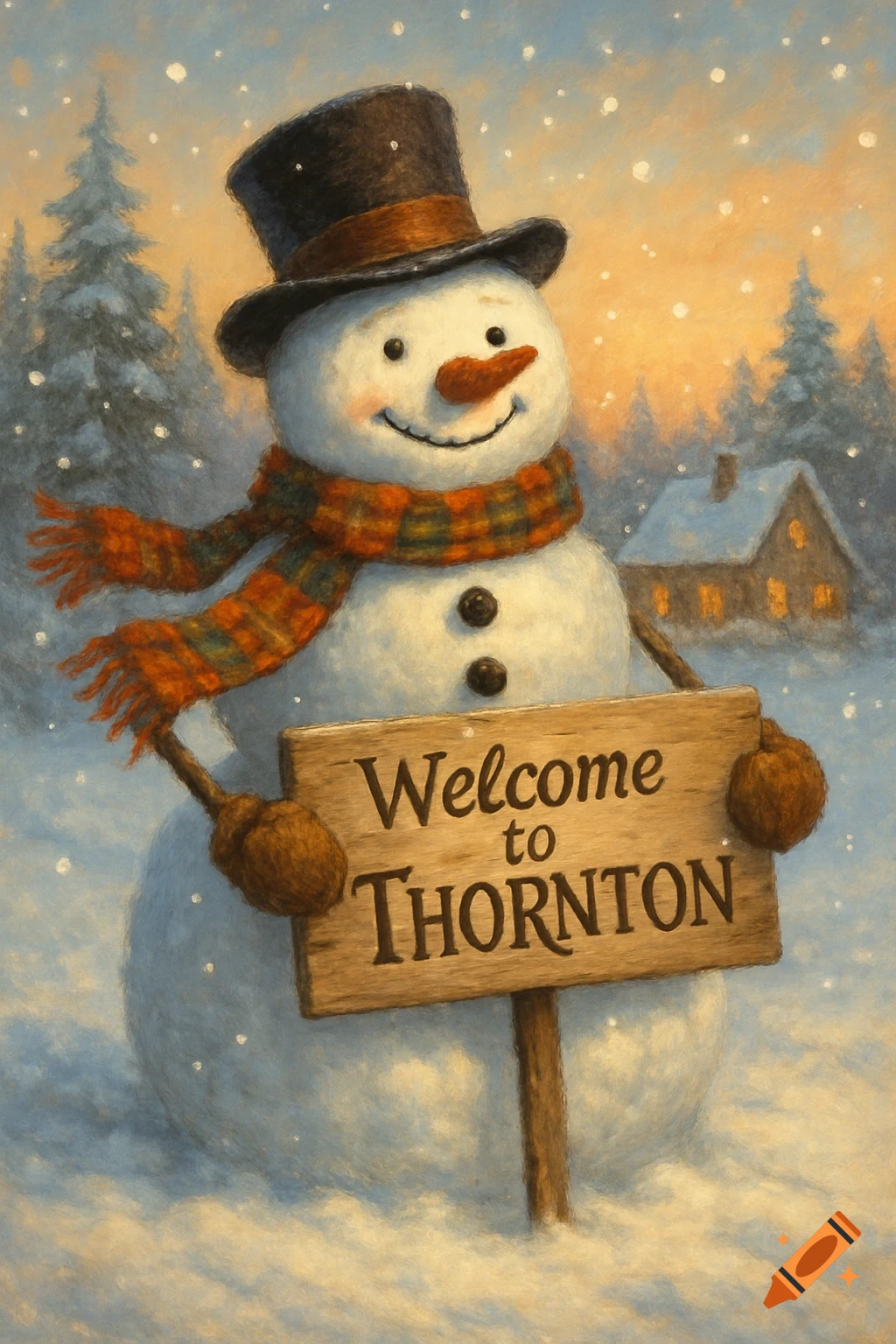 A friendly snowman with a top hat and striped scarf holds a wooden 'Welcome to Thornton' sign in a snowy, painterly winter scene.