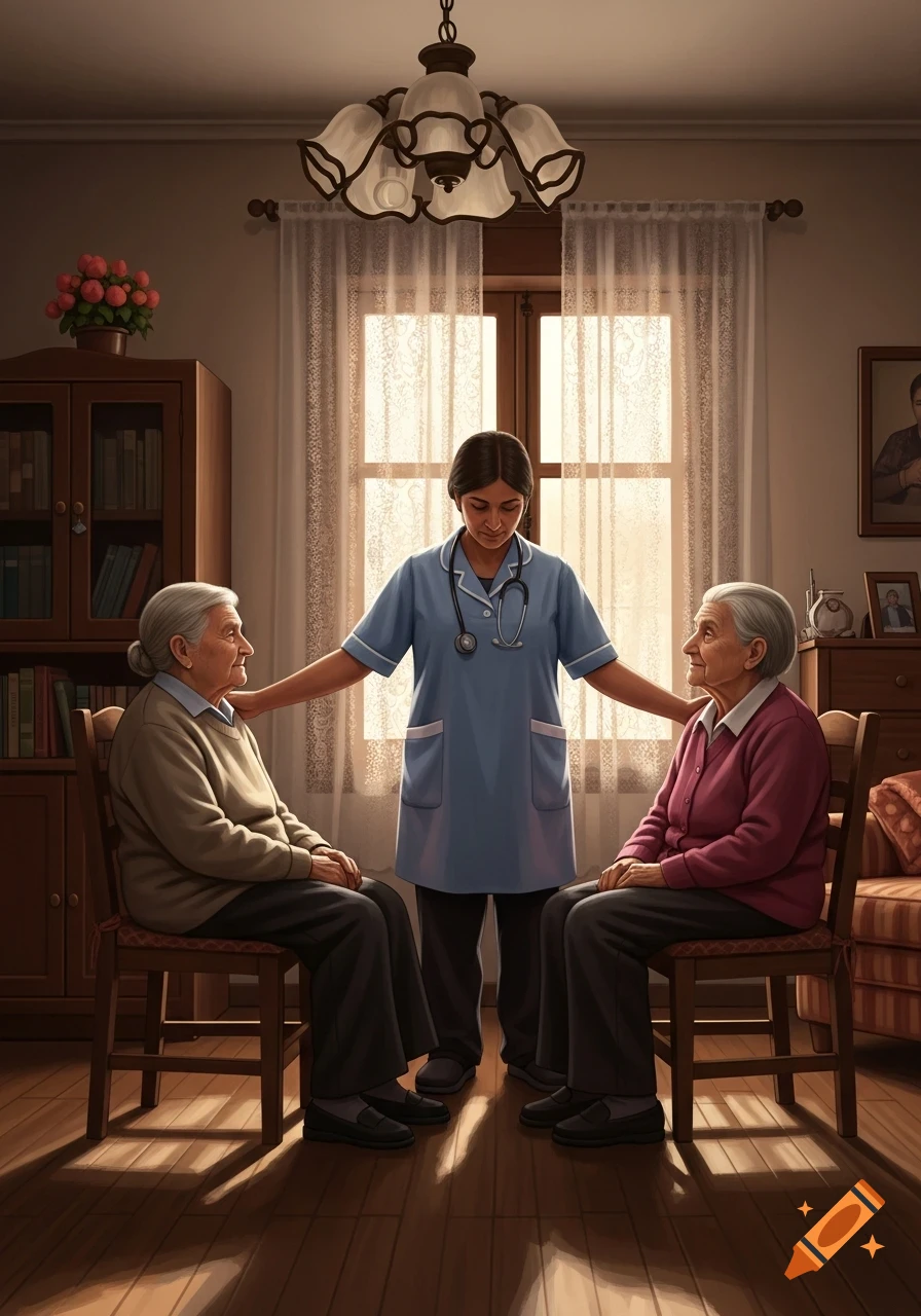 A nurse in blue scrubs stands between two elderly women seated in a sunlit room, placing her hands gently on their shoulders, in a realistic style.