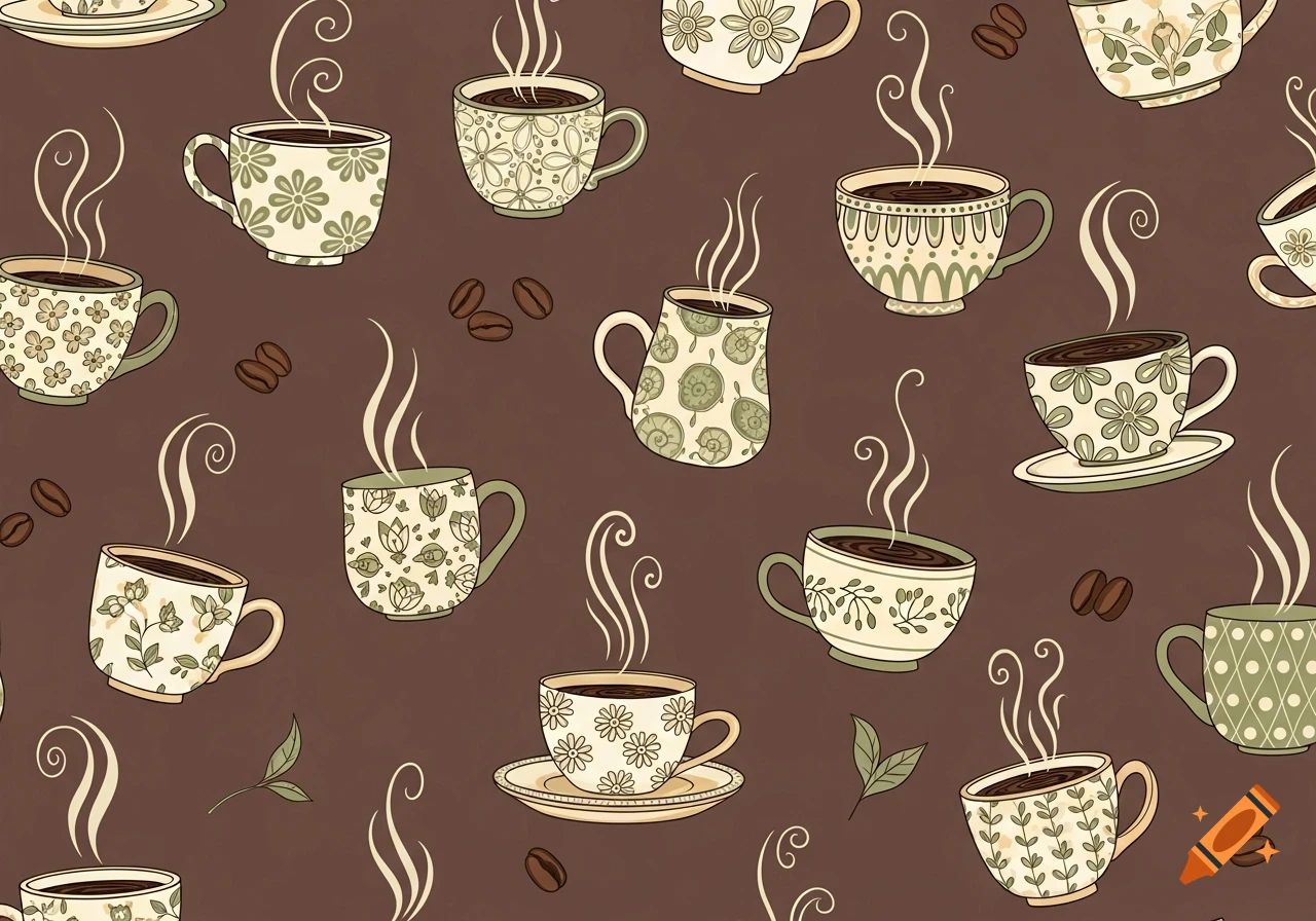 Seamless pattern of steaming coffee cups with various floral and geometric designs, scattered coffee beans, and tea leaves on a brown background.