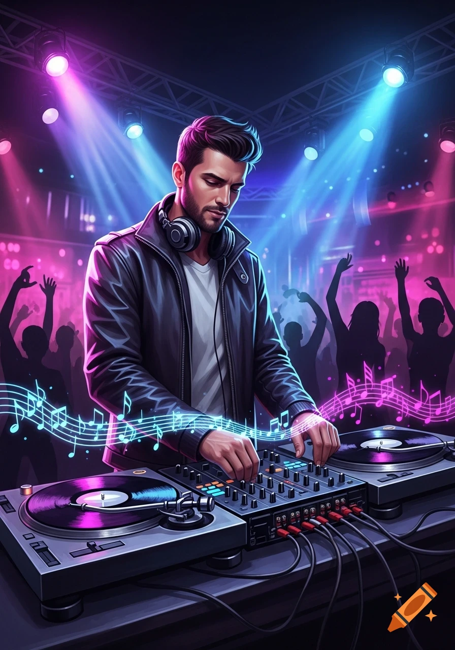 A male DJ with headphones mixes music on turntables and a mixer at a club with pink and blue lights and silhouetted dancers in the background.