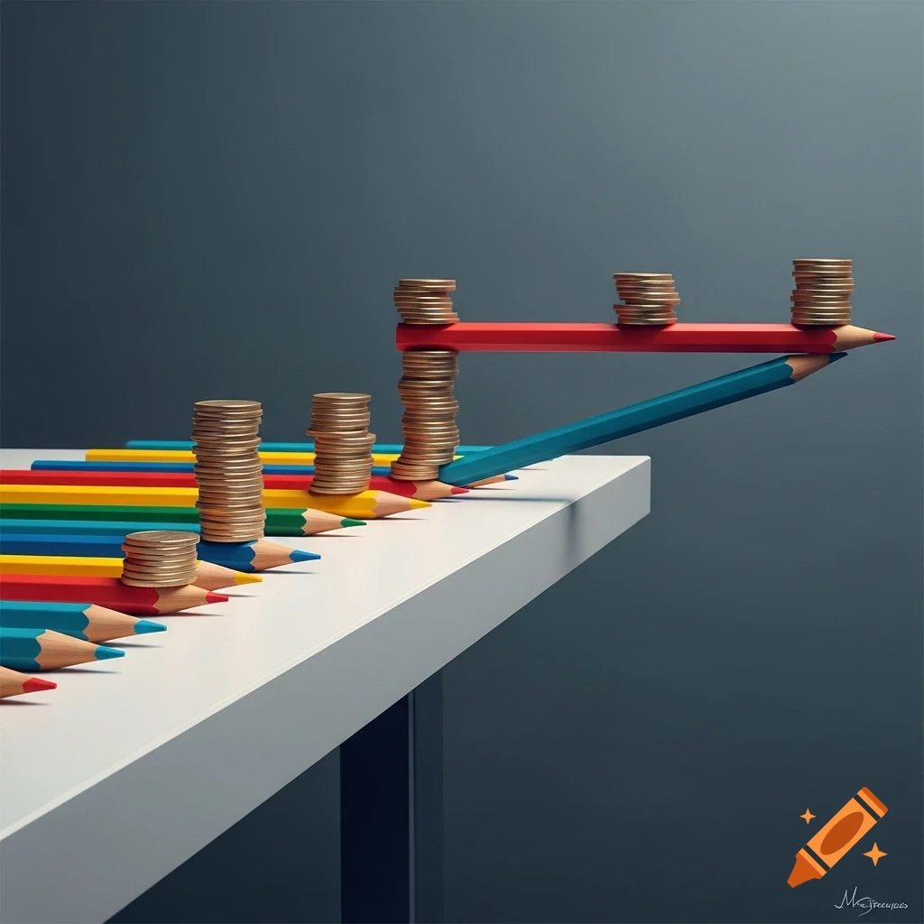 Colorful pencils and stacks of coins form a cantilevered bridge structure on a white table against a dark background.