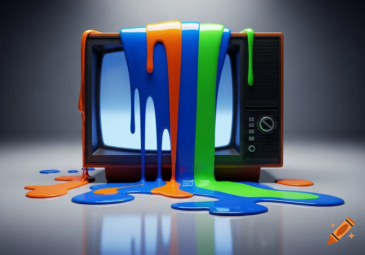 Retro brown television set covered in dripping blue, orange, and green glossy paint, pooling on a reflective surface.