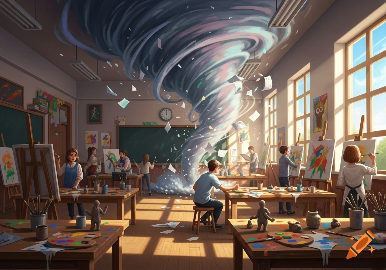 Digital illustration of an art classroom with students painting while a swirling tornado of paper and paint erupts from the floor.