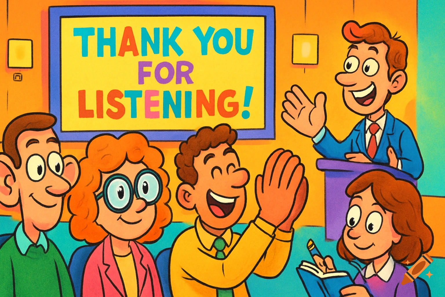 A colorful cartoon shows a presenter addressing an audience with exaggerated features, as a screen displays "THANK YOU FOR LISTENING!"