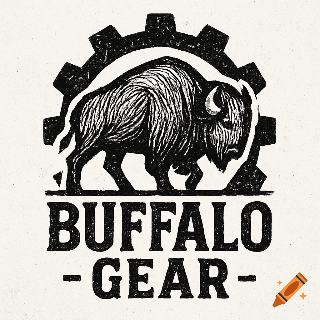 Black and white grunge-style logo featuring a stylized buffalo inside a cog gear, with 'BUFFALO - GEAR' text below.