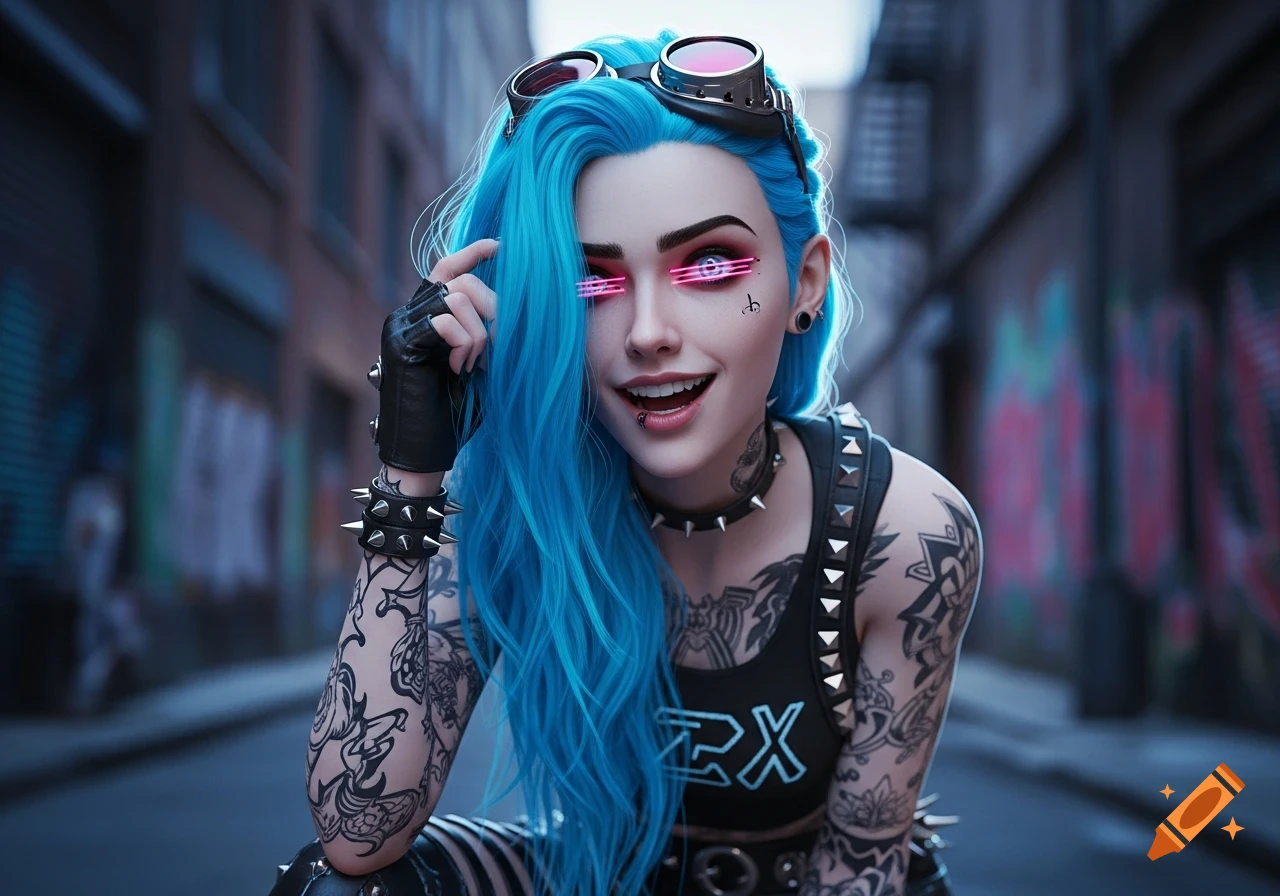 Hyperrealistic portrait of a smiling woman with blue hair, glowing eyes, tattoos, piercings, and punk clothing in a gritty urban alley.