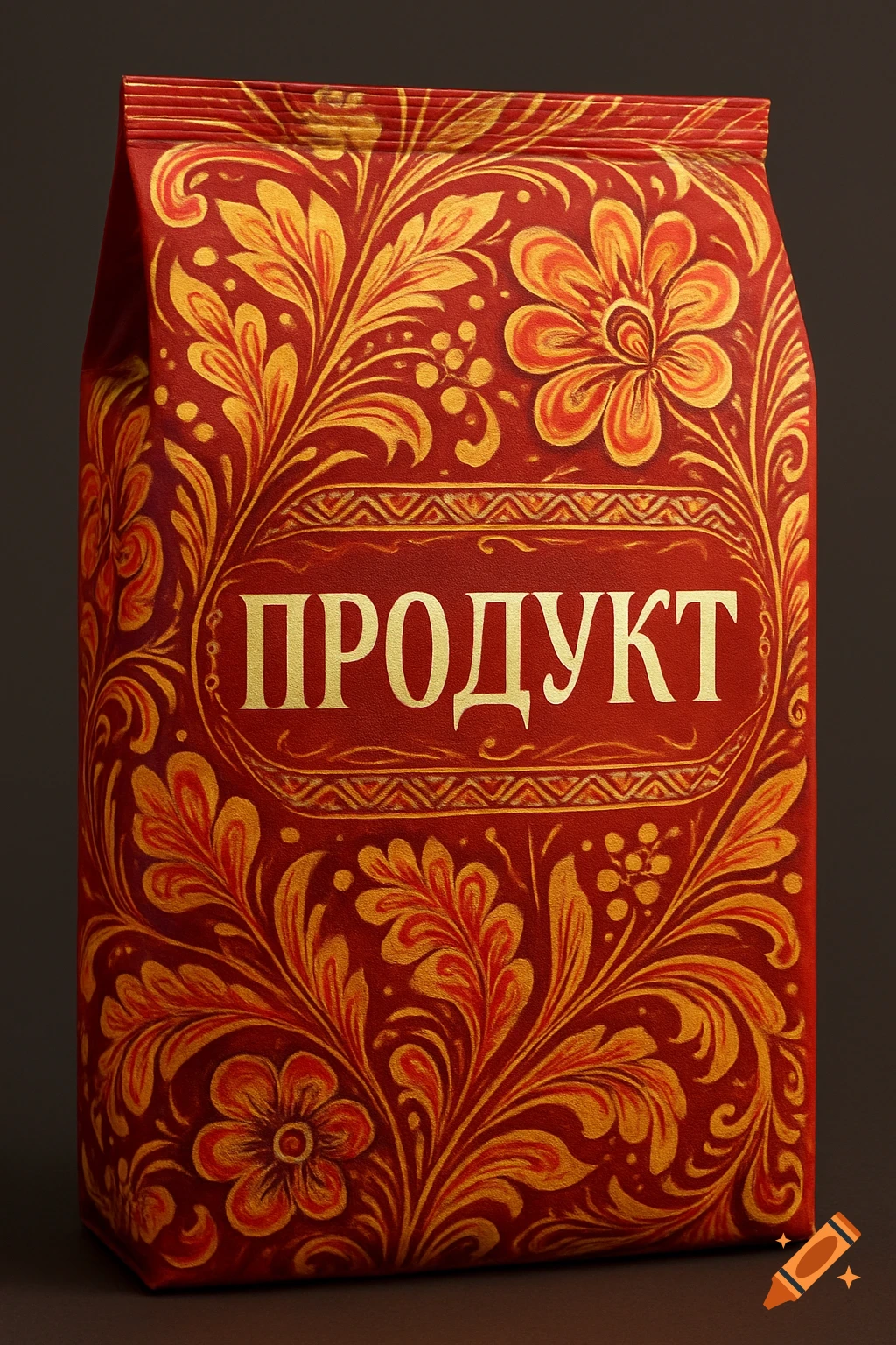 A red and gold food packaging with traditional Russian Khokhloma-style floral patterns and the word 'ПРОДУКТ' in Cyrillic.