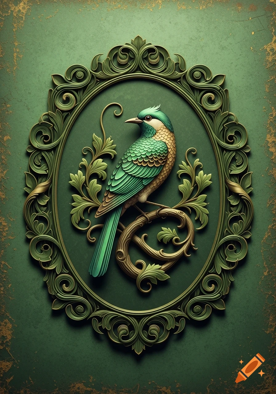 A stylized green and gold bird perches on a branch inside an ornate oval green frame against a textured green and gold background.