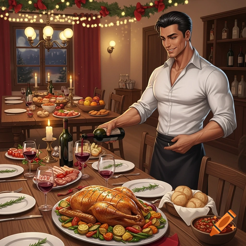 A muscular man in a white shirt and black apron pours red wine at a lavish Christmas dinner table with a roasted turkey.