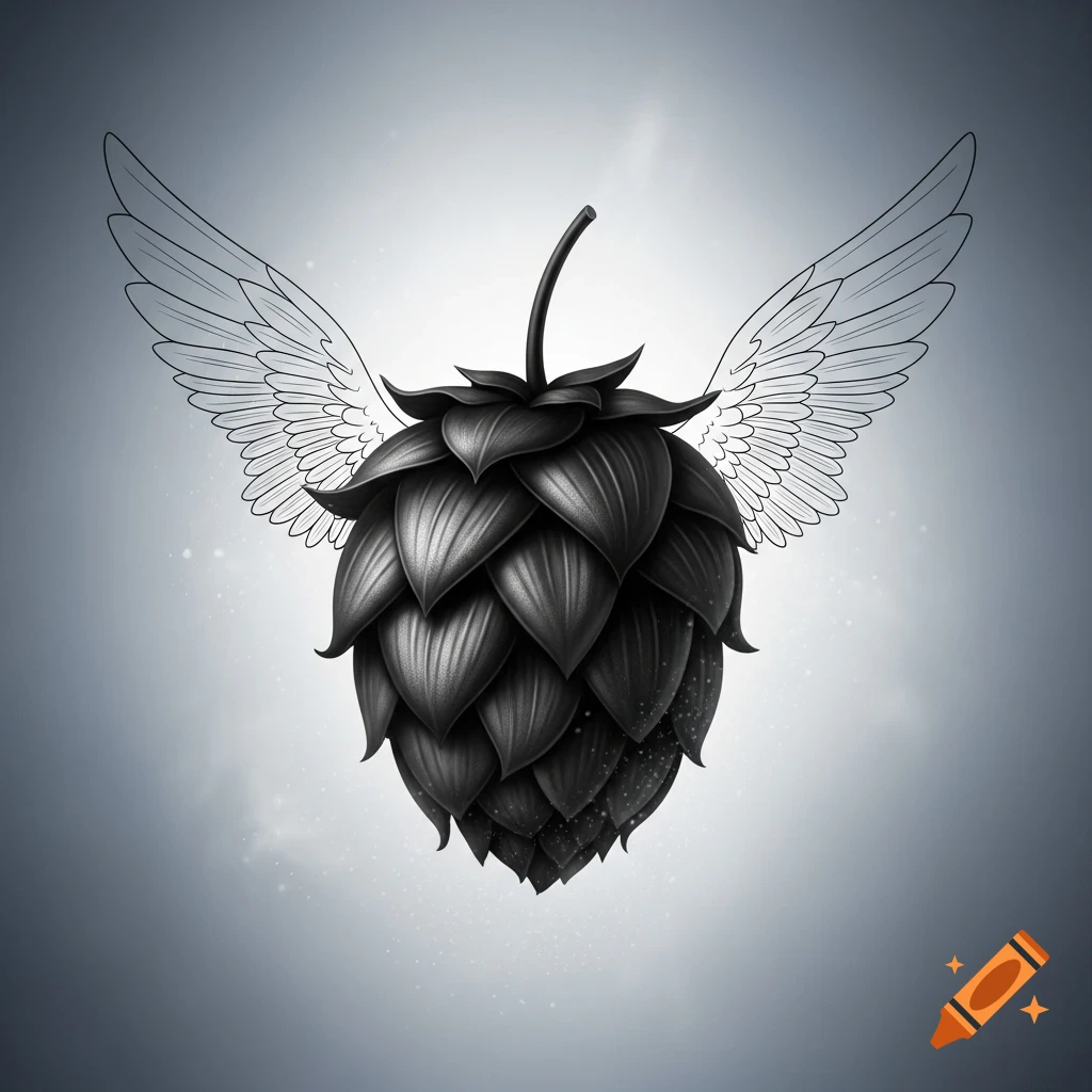 A black hop cone with delicate white outline wings against a muted grey background.