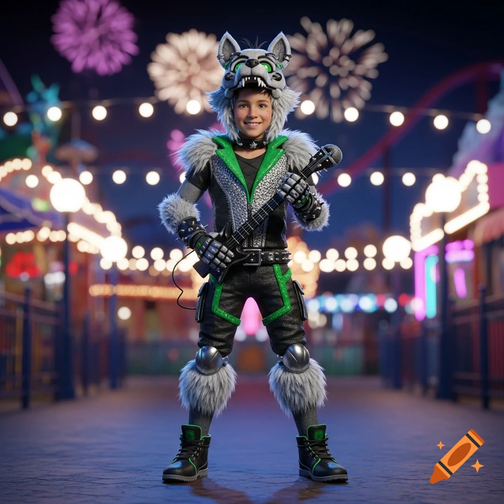 A child in a grey and green wolf costume with a guitar stands in a brightly lit amusement park under fireworks at night.