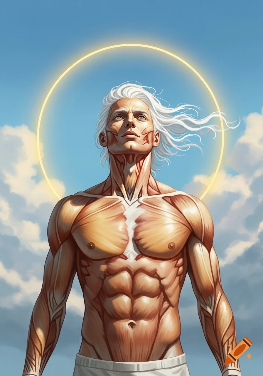 A highly muscular, idealized male figure with white hair and a glowing halo, looking up at a blue sky.