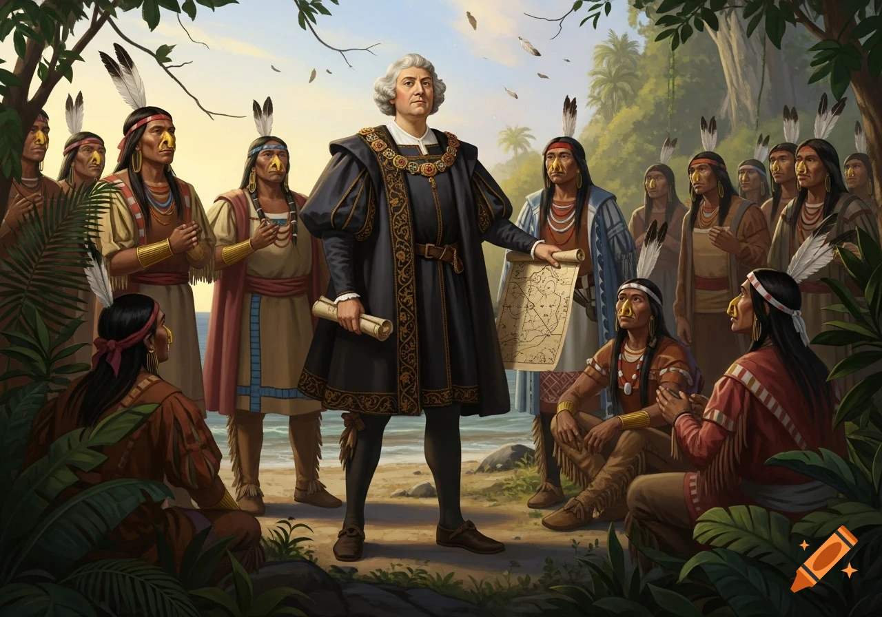 An illustration of Christopher Columbus, holding maps, standing before a group of Indigenous people with nose ornaments, by a tropical shore.