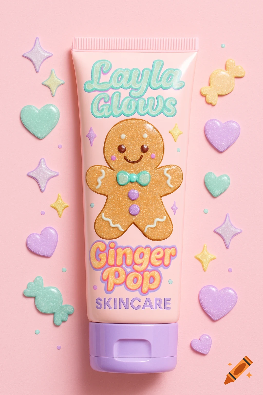 A pastel pink skincare tube for 'Layla Glows Ginger Pop SKINCURE' featuring a gingerbread man, surrounded by sparkly hearts and stars.