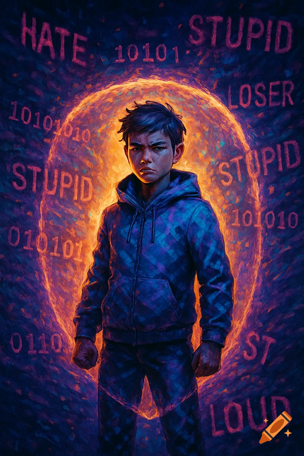 A stylized digital art image of an angry boy in a blue hoodie, engulfed by an orange light and floating words like 'HATE' and 'STUPID'.