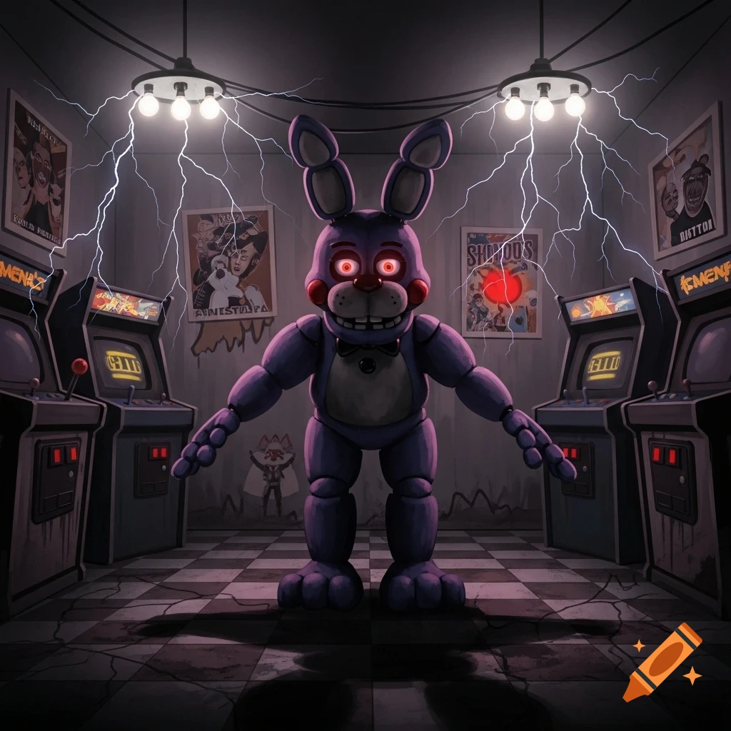 A purple animatronic bunny with glowing red eyes stands in a dark arcade, illuminated by lightning flashes, with vintage arcade machines on either side.