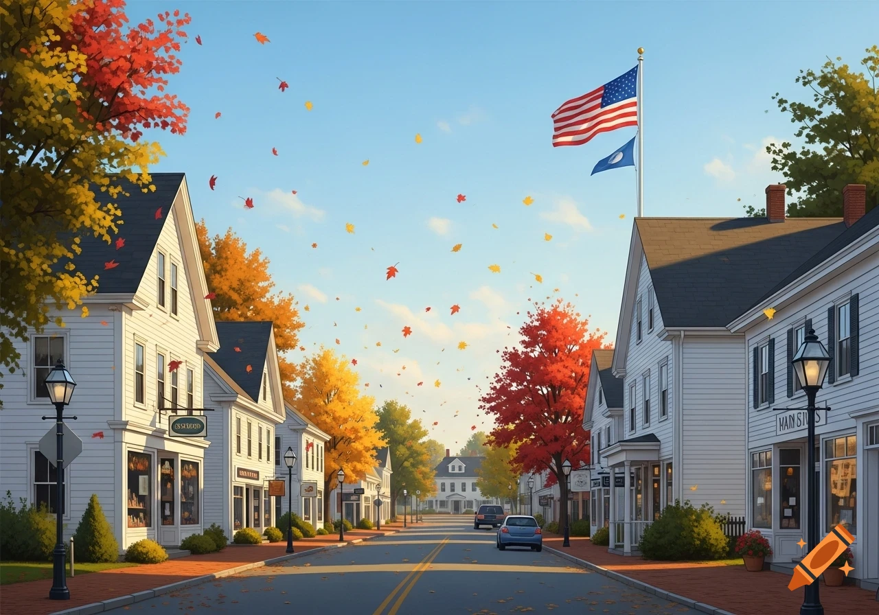 A charming main street in a small town during autumn, with white clapboard houses, small shops, and colorful fall leaves falling on the street. An American flag flies above.
