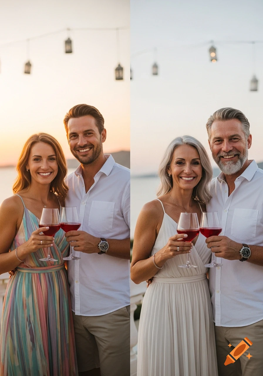 A split image shows a young couple and an older version of the same couple, both smiling and holding wine glasses outdoors at sunset.
