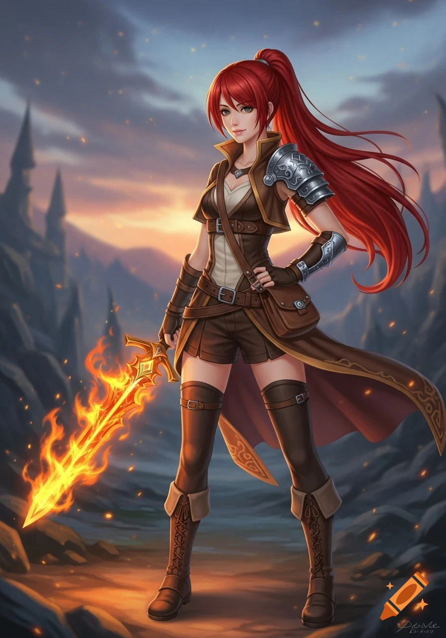 A young woman with long red hair and a brown adventurer's outfit holds ...