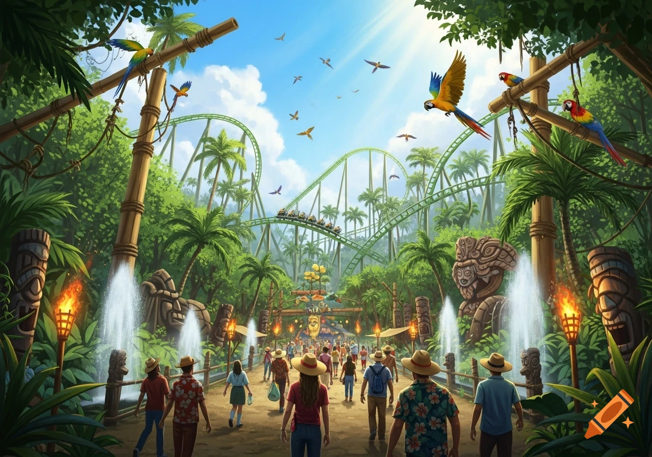 Vibrant illustration of a jungle amusement park with a rollercoaster, tiki statues, and people.