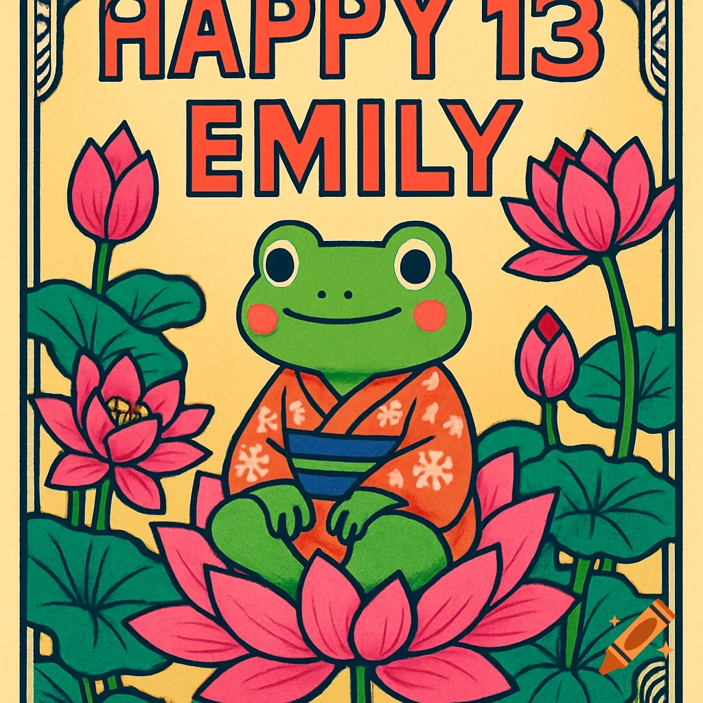 A graphic poster featuring a cute green frog in a kimono, sitting on a pink lotus flower, surrounded by more lotus flowers. Text reads 'HAPPY 13 EMILY'.